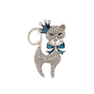 Fashion Brilliant Plated Gold Enamel Blue Ribbon Cat Brooch with Cubic Zirconia