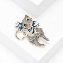 Load image into Gallery viewer, Fashion Brilliant Plated Gold Enamel Blue Ribbon Cat Brooch with Cubic Zirconia