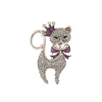 Fashion Brilliant Plated Gold Enamel Purple Ribbon Cat Brooch with Cubic Zirconia