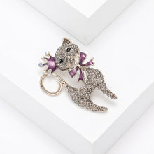 Load image into Gallery viewer, Fashion Brilliant Plated Gold Enamel Purple Ribbon Cat Brooch with Cubic Zirconia