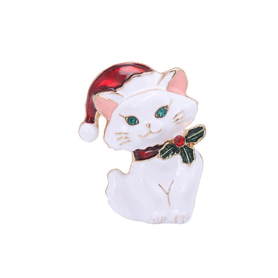 Fashion Cute Plated Gold Enamel White Christmas Cat Brooch with Cubic Zirconia