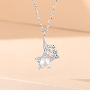 925 Sterling Silver Fashion Star Imitation Pearl Pendant with Cubic Zirconia and Necklace