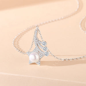 925 Sterling Silver Fashion Star Imitation Pearl Pendant with Cubic Zirconia and Necklace