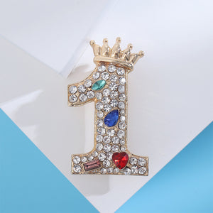 Fashion Brilliant Plated Gold Crown Number 1 Brooch with Cubic Zirconia