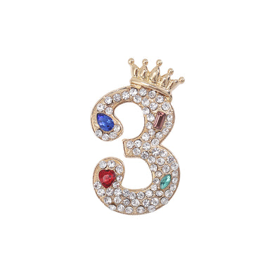Fashion Brilliant Plated Gold Crown Number 3 Brooch with Cubic Zirconia