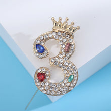 Load image into Gallery viewer, Fashion Brilliant Plated Gold Crown Number 3 Brooch with Cubic Zirconia