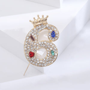 Fashion Brilliant Plated Gold Crown Number 6 Brooch with Cubic Zirconia