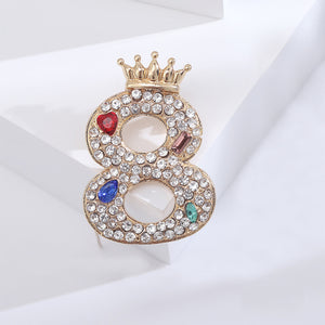 Fashion Brilliant Plated Gold Crown Number 8 Brooch with Cubic Zirconia