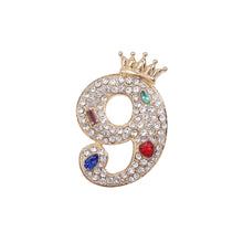 Load image into Gallery viewer, Fashion Brilliant Plated Gold Crown Number 9 Brooch with Cubic Zirconia