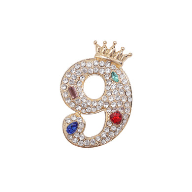 Fashion Brilliant Plated Gold Crown Number 9 Brooch with Cubic Zirconia