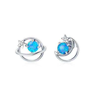 925 Sterling Silver Fashion Creative Planet Moon Asymmetric Stud Earrings with Cubic Zirconia