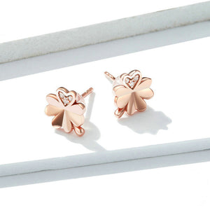 925 Sterling Silver Plated Rose Gold Simple and Fashion Four-leafed Clover Stud Earrings with Cubic Zirconia