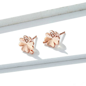 925 Sterling Silver Plated Rose Gold Simple and Fashion Four-leafed Clover Stud Earrings with Cubic Zirconia