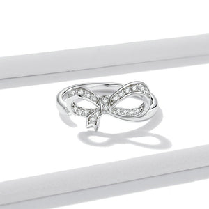925 Sterling Silver Simple Sweet Ribbon Adjustable Open Ring with Cubic Zirconia