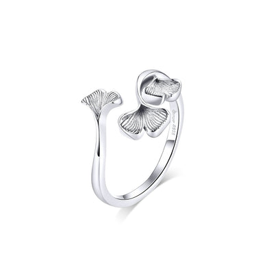 925 Sterling Silver Simple and Fashion Ginkgo Leaf Adjustable Open Ring