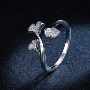 925 Sterling Silver Simple and Fashion Ginkgo Leaf Adjustable Open Ring