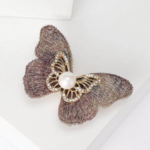 Fashion and Elegant Purple Butterfly Imitation Pearl Brooch with Cubic Zirconia