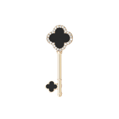 Fashion Simple Plated Gold Black Four-leafed Clover Key Brooch with Cubic Zirconia