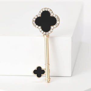 Fashion Simple Plated Gold Black Four-leafed Clover Key Brooch with Cubic Zirconia