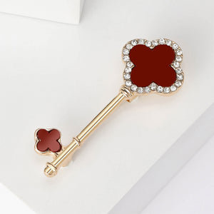 Fashion Simple Plated Gold Red Four-leafed Clover Key Brooch with Cubic Zirconia