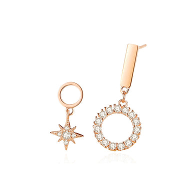 925 Sterling Silver Plated Rose Gold Fashion and Simple Eight-pointed Star Circle Asymmetrical Earrings with Cubic Zirconia