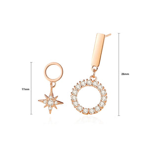 925 Sterling Silver Plated Rose Gold Fashion and Simple Eight-pointed Star Circle Asymmetrical Earrings with Cubic Zirconia