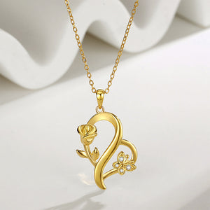 925 Sterling Silver Plated Gold Fashion Romantic Rose Butterfly Heart-shaped Pendant with Cubic Zirconia and Necklace