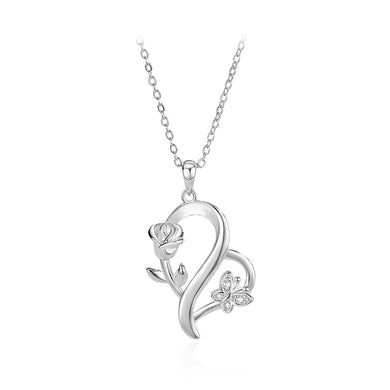 925 Sterling Silver Fashion Romantic Rose Butterfly Heart-shaped Pendant with Cubic Zirconia and Necklace