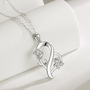 925 Sterling Silver Fashion Romantic Rose Butterfly Heart-shaped Pendant with Cubic Zirconia and Necklace