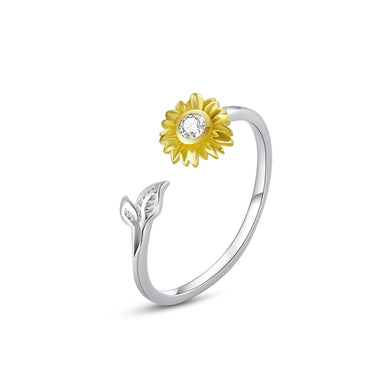 925 Sterling Silver Fashion Simple Sunflower Adjustable Open Ring with Cubic Zirconia