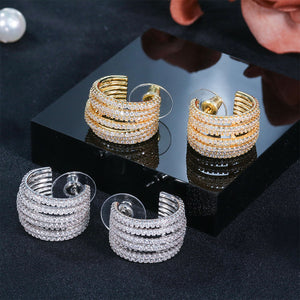 Fashion Personalized Plated Gold Multi-layered C-shaped Geometric Stud Earrings with Cubic Zirconia