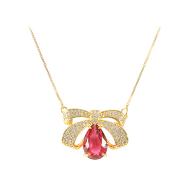 Fashion Brilliant Plated Gold Ribbon Pendant with Cubic Zirconia and Necklace
