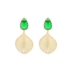 Fashion Personality Plated Gold Hollow Leaf Earrings with Green Cubic Zirconia