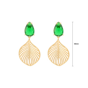 Fashion Personality Plated Gold Hollow Leaf Earrings with Green Cubic Zirconia