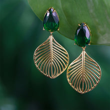 Load image into Gallery viewer, Fashion Personality Plated Gold Hollow Leaf Earrings with Green Cubic Zirconia