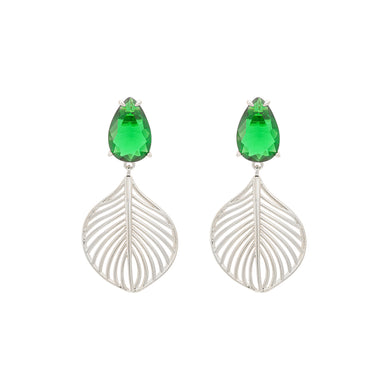 Fashion Personality Hollow Leaf Earrings with Green Cubic Zirconia