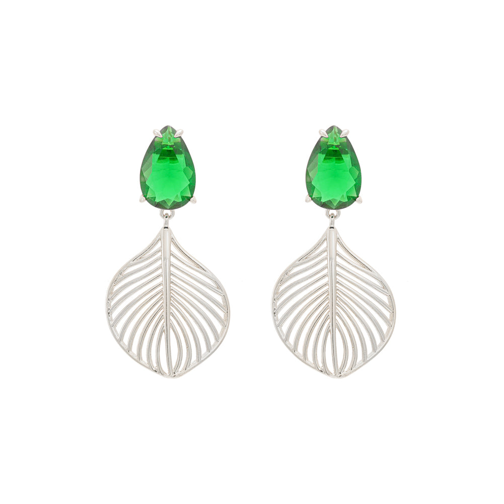 Fashion Personality Hollow Leaf Earrings with Green Cubic Zirconia
