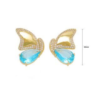 Fashion and Elegant Plated Gold Butterfly Stud Earrings with Blue Cubic Zirconia