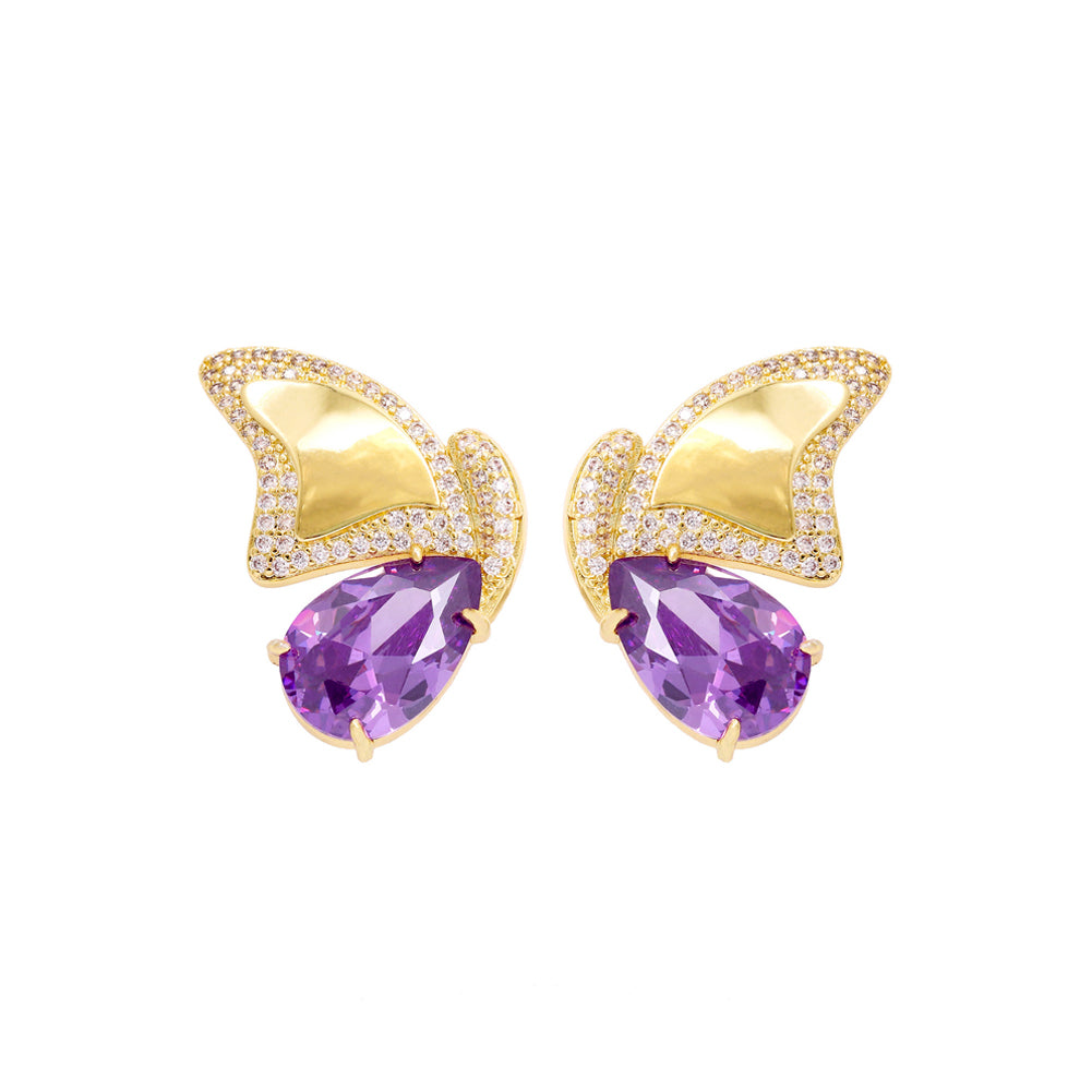 Fashion and Elegant Plated Gold Butterfly Stud Earrings with Purple Cubic Zirconia