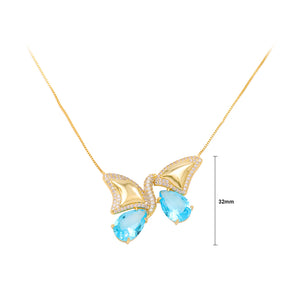 Fashion and Elegant Plated Gold Butterfly Pendant with Blue Cubic Zirconia and Necklace