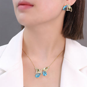 Fashion and Elegant Plated Gold Butterfly Pendant with Blue Cubic Zirconia and Necklace