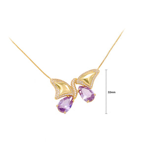Fashion and Elegant Plated Gold Butterfly Pendant with Purple Cubic Zirconia and Necklace