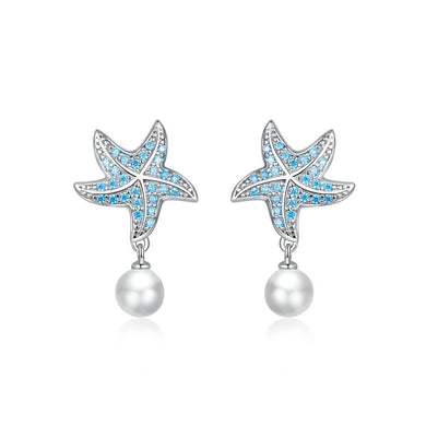 925 Sterling Silver Fashion and Elegant Starfish Imitation Pearl Earrings with Blue Cubic Zirconia