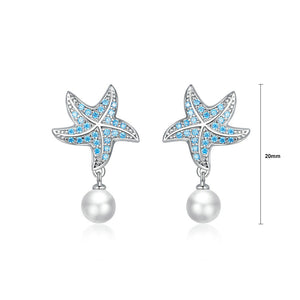 925 Sterling Silver Fashion and Elegant Starfish Imitation Pearl Earrings with Blue Cubic Zirconia
