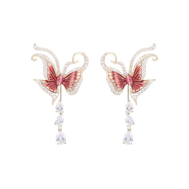 Fashion and Elegant Plated Gold Enamel Butterfly Water Drop Tassel Earrings with Cubic Zirconia