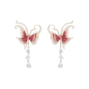 Fashion and Elegant Plated Gold Enamel Butterfly Water Drop Tassel Earrings with Cubic Zirconia