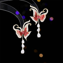 Load image into Gallery viewer, Fashion and Elegant Plated Gold Enamel Butterfly Water Drop Tassel Earrings with Cubic Zirconia