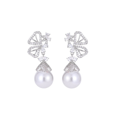 Fashion and Elegant Hollow Butterfly Imitation Pearl Earrings with Cubic Zirconia
