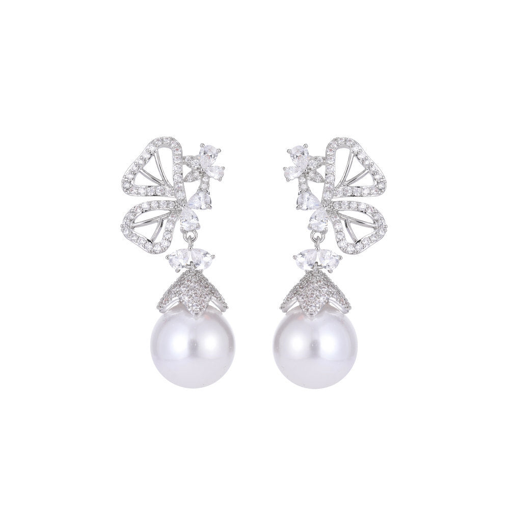 Fashion and Elegant Hollow Butterfly Imitation Pearl Earrings with Cubic Zirconia