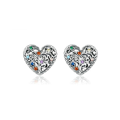 925 Sterling Silver Fashion Vintage Tree Of Life Heart Stud Earrings with Cubic Zirconia